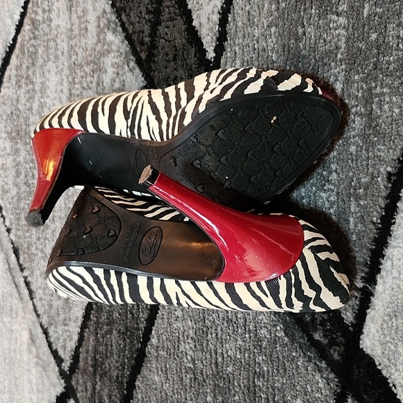 CANDIES CANVAS ZEBRA PRINT PEEP-TOE RED 4" HEEL PUMP STILETTO SHOE SIZE 8 - Picture 8 of 11
